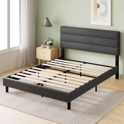 Queen Upholstered Platform Bed: Horizontal Headboard, Wooden Slats, No Box Spring Needed, Easy Assembly, Eco-Friendly, Dark Grey - Eco Trade Company
