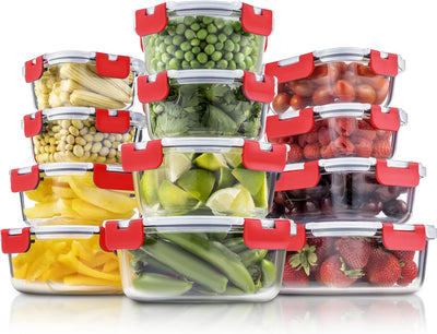 24-Piece Superior Glass Food Storage Container Set - Newly Innovated Hinged BPA-free Locking lids - 100% Leakproof - Eco Trade Company