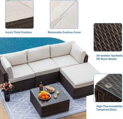 5-Piece Outdoor Furniture All-Weather Mottlewood Brown Wicker Sectional Sofa w Warm Gray Thick Cushions, Glass-Top Coffee Table, Patio - Eco Trade Company