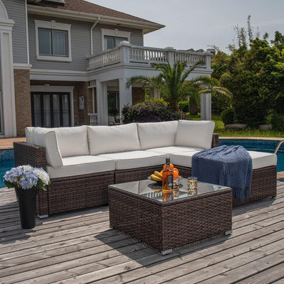 5-Piece Outdoor Furniture All-Weather Mottlewood Brown Wicker Sectional Sofa w Warm Gray Thick Cushions, Glass-Top Coffee Table, Patio - Eco Trade Company