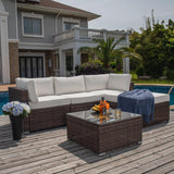 5-Piece Outdoor Furniture All-Weather Mottlewood Brown Wicker Sectional Sofa w Warm Gray Thick Cushions, Glass-Top Coffee Table, Patio - Eco Trade Company