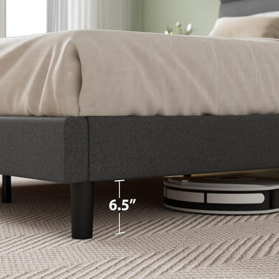 Queen Upholstered Platform Bed: Horizontal Headboard, Wooden Slats, No Box Spring Needed, Easy Assembly, Eco-Friendly, Dark Grey - Eco Trade Company