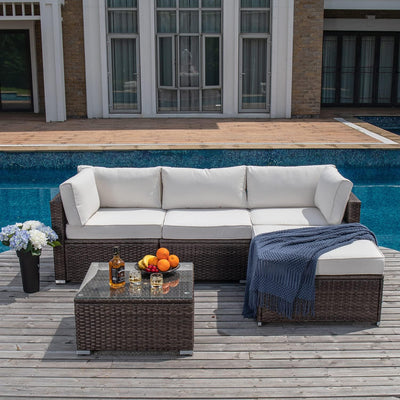 5-Piece Outdoor Furniture All-Weather Mottlewood Brown Wicker Sectional Sofa w Warm Gray Thick Cushions, Glass-Top Coffee Table, Patio - Eco Trade Company