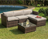 5-Piece Outdoor Furniture All-Weather Mottlewood Brown Wicker Sectional Sofa w Warm Gray Thick Cushions, Glass-Top Coffee Table, Patio - Eco Trade Company