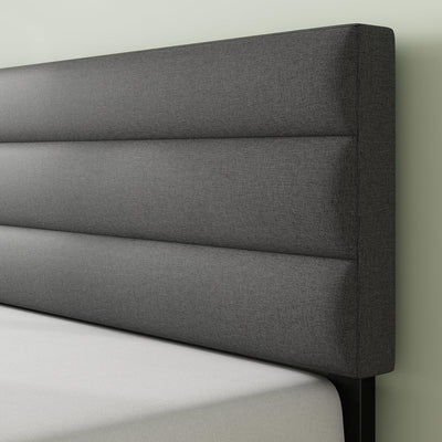 Queen Upholstered Platform Bed: Horizontal Headboard, Wooden Slats, No Box Spring Needed, Easy Assembly, Eco-Friendly, Dark Grey - Eco Trade Company