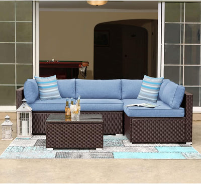 5-Piece Outdoor Furniture All-Weather Mottlewood Brown Wicker Sectional Sofa w Warm Gray Thick Cushions, Glass-Top Coffee Table, Patio - Eco Trade Company