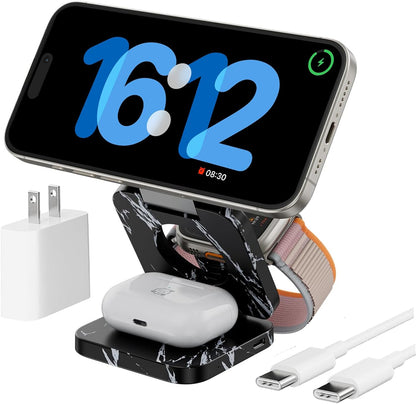 Fast Wireless Charger, Magnetic Foldable 3 in 1 Charging Station for iPhone, Apple Watch and Airpods3/2/Pro-Black