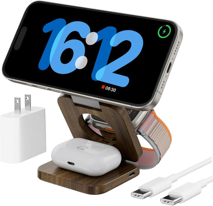 Fast Wireless Charger, Magnetic Foldable 3 in 1 Charging Station for iPhone, Apple Watch and Airpods3/2/Pro-Black
