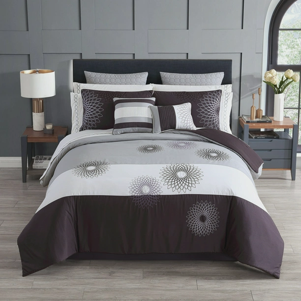 14 Piece Bed in a Bag Set Plum Grey Floral Embroidered Bedding