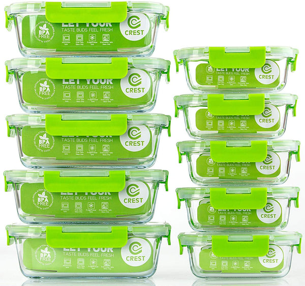 C CREST Glass Meal Prep Containers, [10 Pack] Glass Food Storage Containers  with Lids, Airtight Glass Bento Boxes, BPA Free & Leak Proof (10 Lids & 10