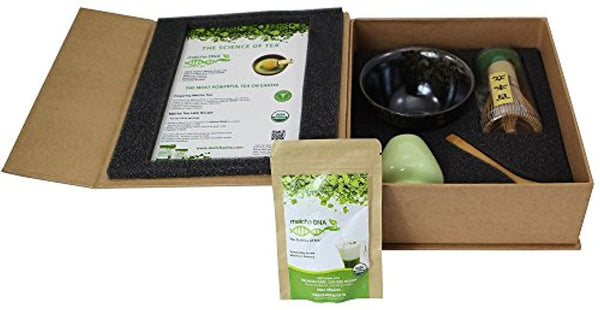 Matcha Tea Gift Box Set - Matcha Tea Ceremony Gift Set by MATCHA DNA  (Brown) - 1 oz Organic Ceremonial Matcha Green Tea Tin, Bamboo Whisk,  Ceramic