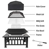 32 inch Outdoor Square Metal Firepit Backyard Patio Garden Stove Wood Burning BBQ Fire Pit with Rain Cover - Eco Trade Company