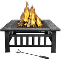 32 inch Outdoor Square Metal Firepit Backyard Patio Garden Stove Wood Burning BBQ Fire Pit with Rain Cover - Eco Trade Company