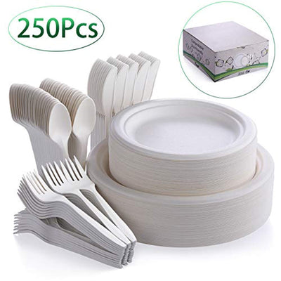250Pcs Disposable Dinnerware Set, Compostable Sugarcane Cutlery Eco-Friendly - Eco Trade Company