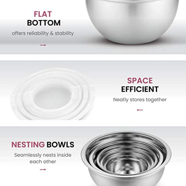 FineDine Stainless Steel Mixing Bowls (Set of 6) - Easy to Clean, Nesting Bowls for Space Saving Storage, Great for Cooking, Baking, Prepping