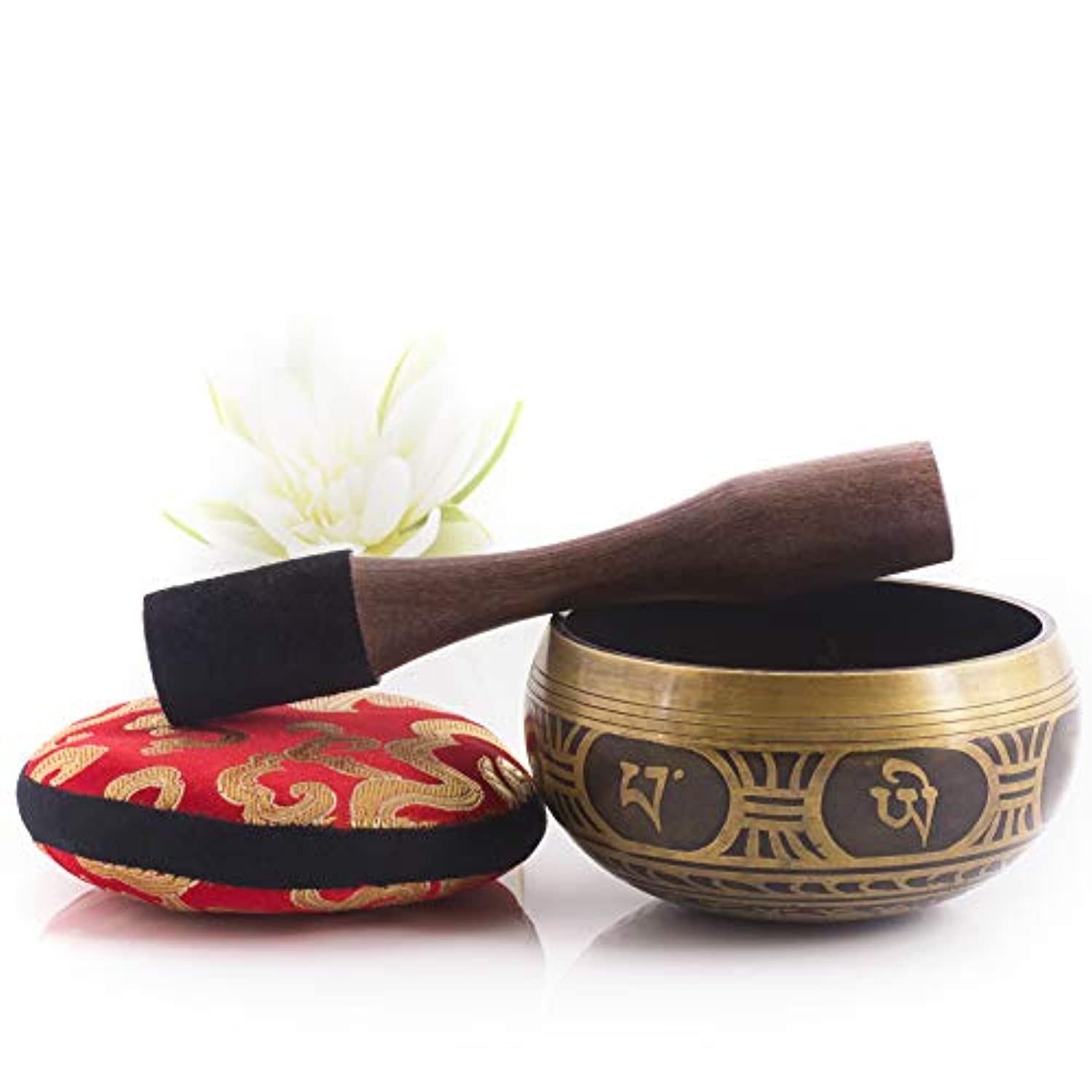 Tibetan Singing Bowl Set ~ Antique Design ~ With Dual Surface Mallet and Silk Cushion ~ Promotes Peace, Chakra Healing, and Mindfulness - Eco Trade Company