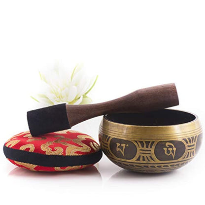 Tibetan Singing Bowl Set ~ Antique Design ~ With Dual Surface Mallet and Silk Cushion ~ Promotes Peace, Chakra Healing, and Mindfulness - Eco Trade Company