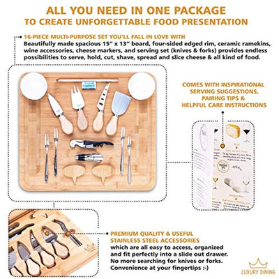 16-piece Cheese Charcuterie Board and Knife Cutlery Set - Organic Bamboo Cutting and Serving Tray - Eco Trade Company