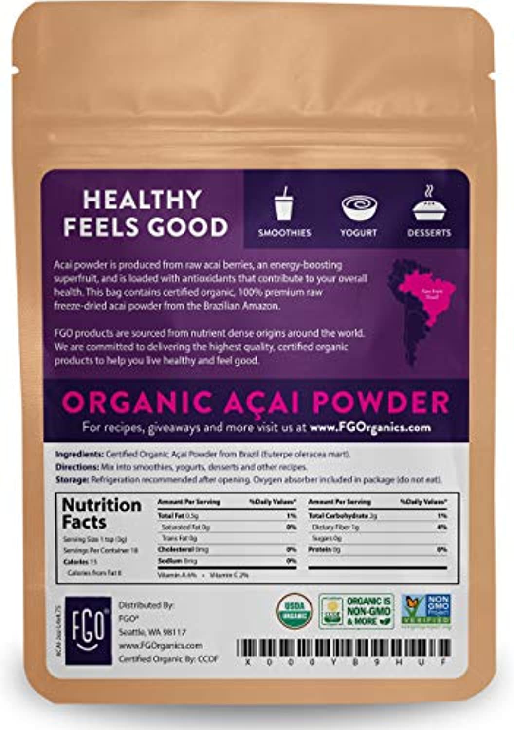 Organic ACAI Powder (Freeze-Dried) Resealable Kraft Bag 100% Raw Antioxidant Superfood Berry From Brazil - Eco Trade Company