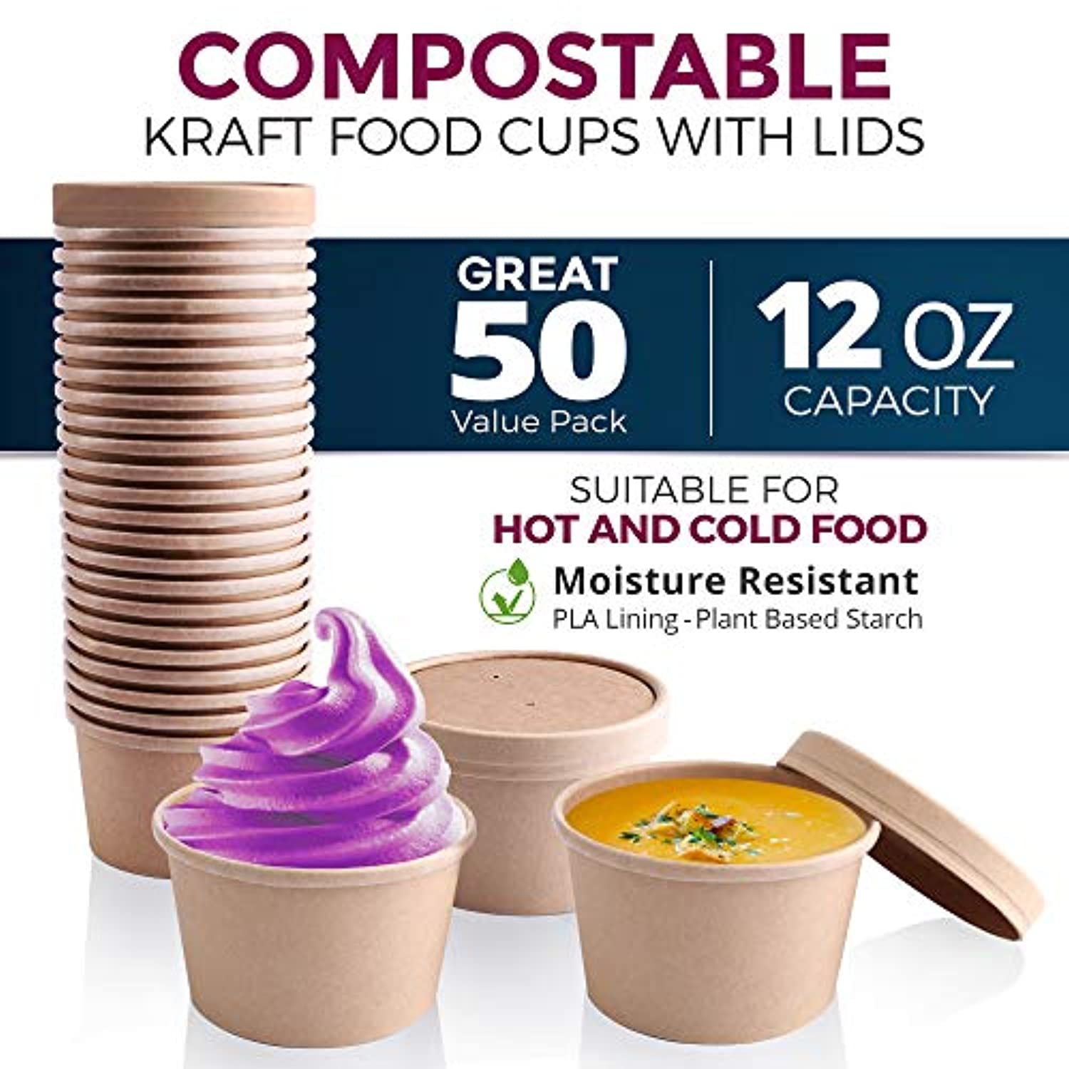 50 Pack, 12 oz Kraft Eco-friendly Compostable Paper Food Cup with Vented Lid, Hot or Cold Dish To Go Packaging, Ramen Soup Stews Salad Container - Eco Trade Company
