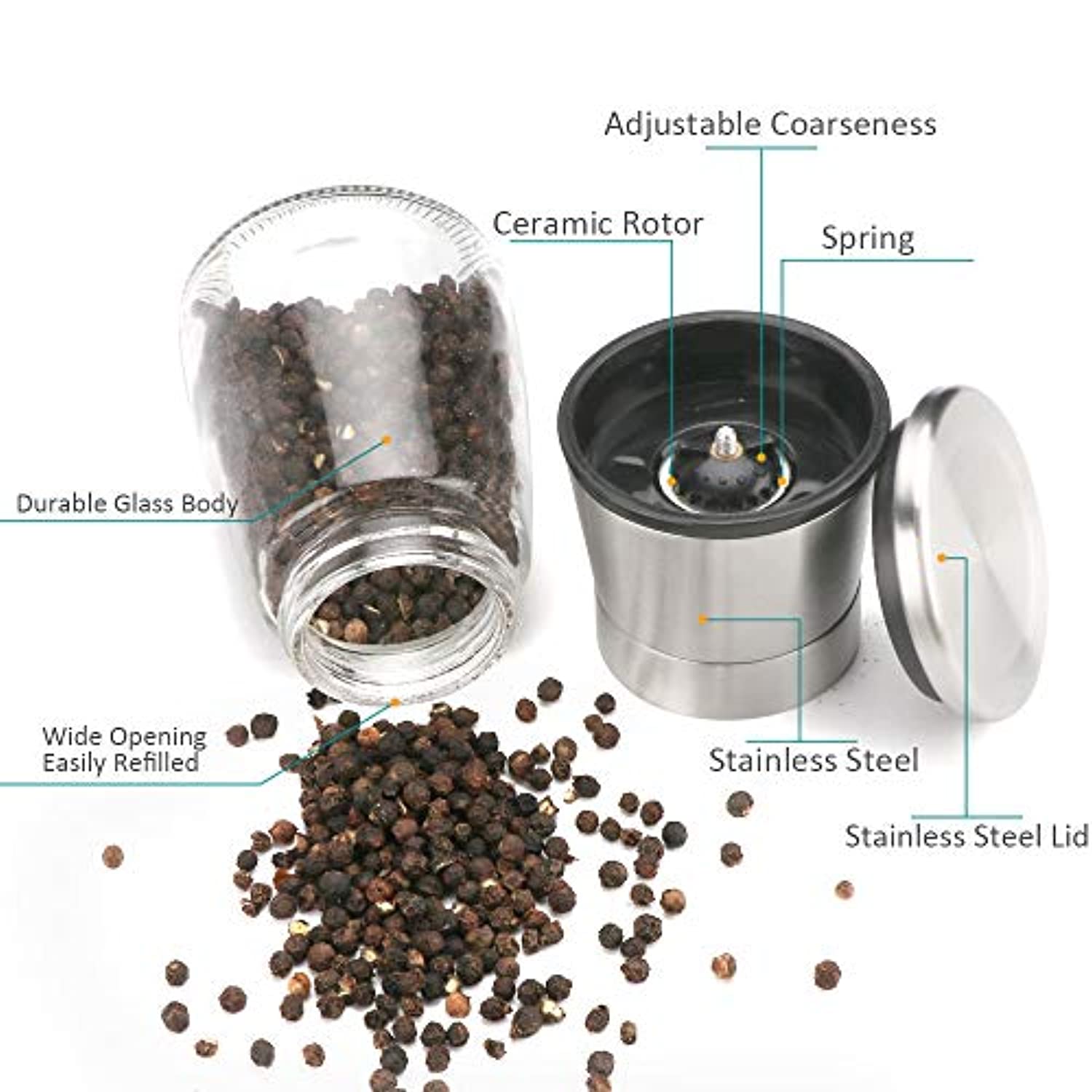 Salt and Pepper Grinder Set, Refillable with Adjustable Ceramic Grinder, Glass body Salt and Pepper Shaker with Stainless Steel Lid, Set of 2 - Eco Trade Company