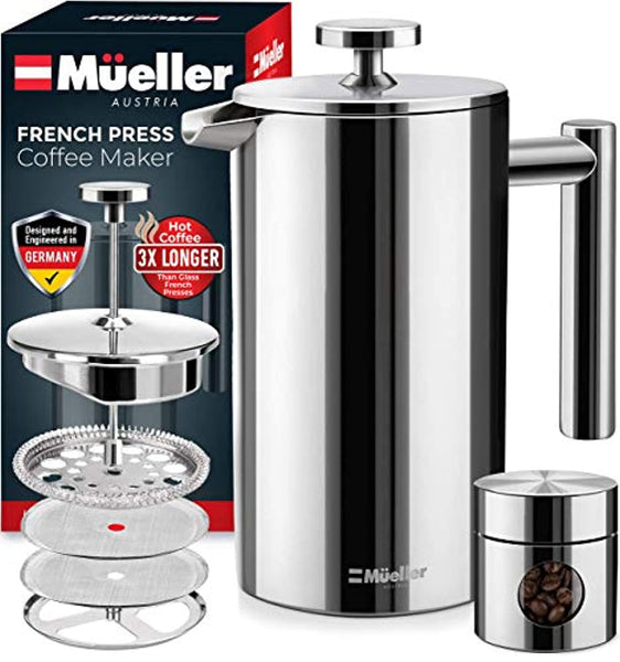 French Press Double Insulated 310 Stainless Steel Coffee Maker 4 Level  Filtration System, No Coffee Grounds, Rust-Free, Dishwasher Safe