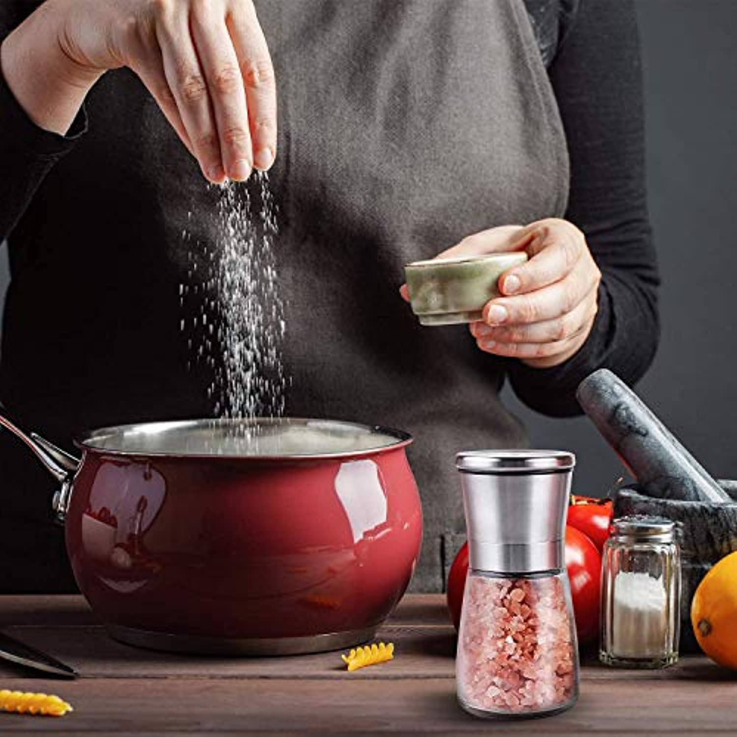 Salt and Pepper Grinder Set, Refillable with Adjustable Ceramic Grinder, Glass body Salt and Pepper Shaker with Stainless Steel Lid, Set of 2 - Eco Trade Company