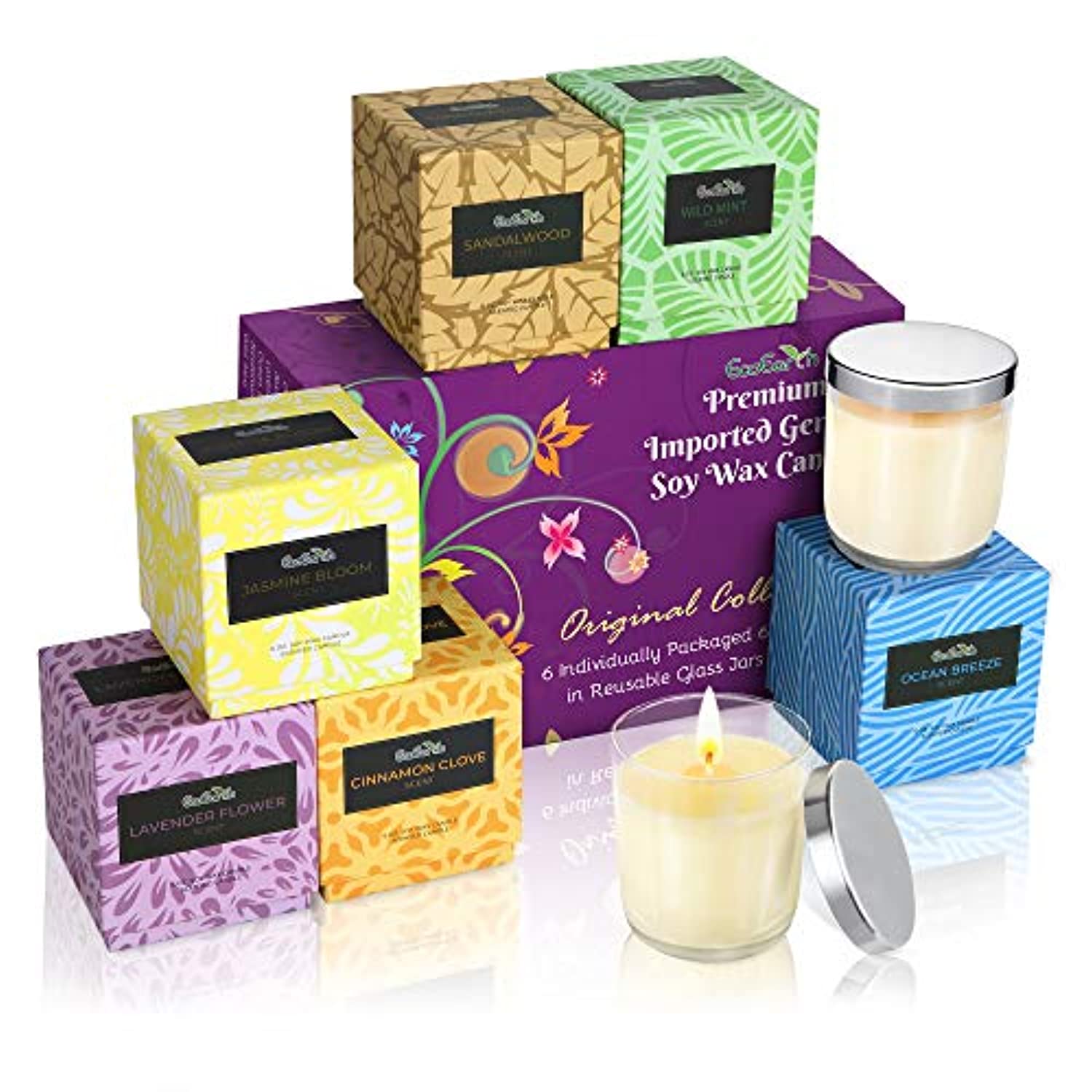 EcoEarth Deluxe Gift Candle Set, 6 oz 6 Pack Eco-Friendly Jar, Natural German Soy Wax Candles Scented w/ US Essential Oils for Stress Relief - Eco Trade Company