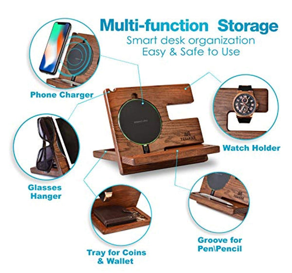 Wood Phone Docking Station Key Holder Wallet Stand Jewelry Watch