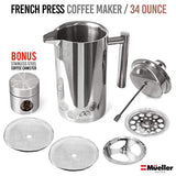 French Press Double Insulated 310 Stainless Steel Coffee Maker 4 Level Filtration System, No Coffee Grounds, Rust-Free, Dishwasher Safe - Eco Trade Company