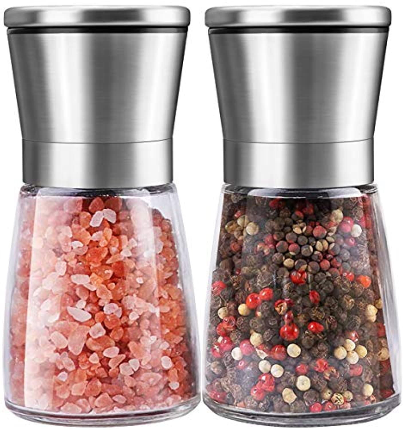 Salt and Pepper Grinder Set, Refillable with Adjustable Ceramic Grinder, Glass body Salt and Pepper Shaker with Stainless Steel Lid, Set of 2 - Eco Trade Company