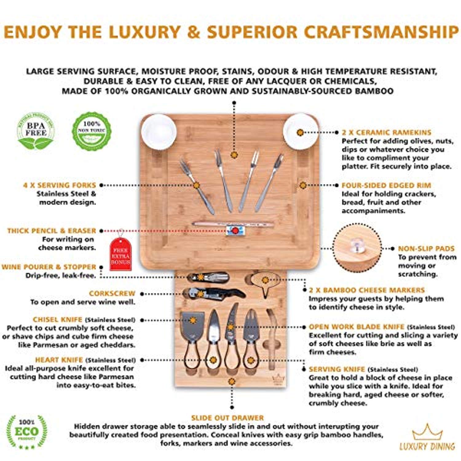 16-piece Cheese Charcuterie Board and Knife Cutlery Set - Organic Bamboo Cutting and Serving Tray - Eco Trade Company