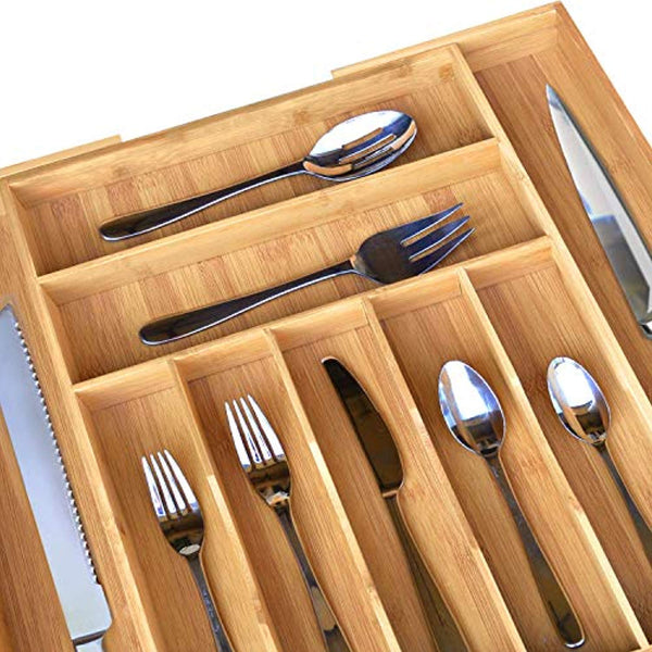 KitchenEdge Bamboo Kitchen Drawer Organizer for Silverware and Utensils, Expandable to 28 Inches