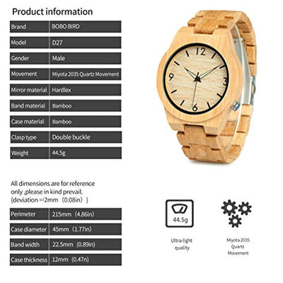 Men's Bamboo Wooden Watch Numeral Scale Large Face Quartz Watch Lightweight - Eco Trade Company