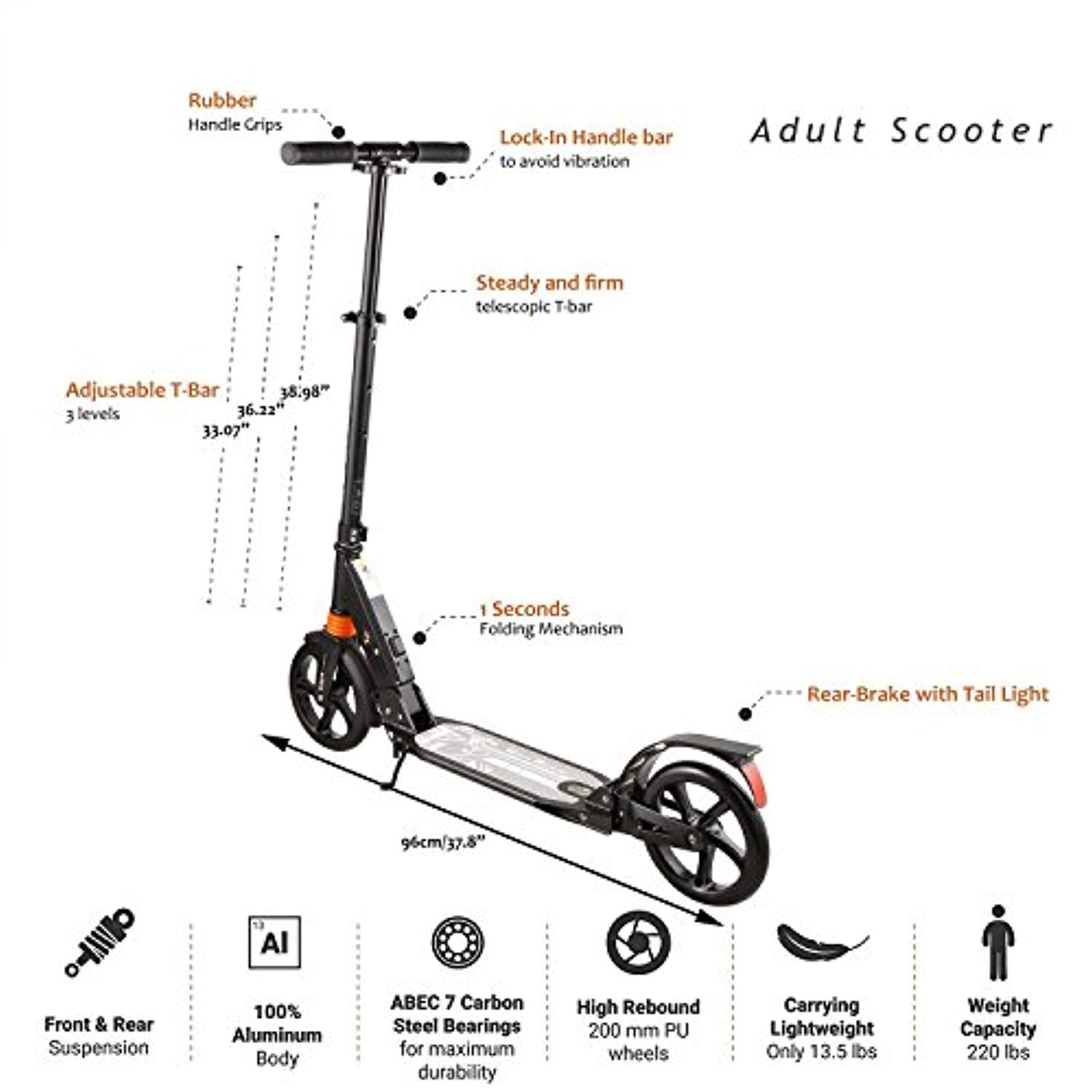 Kids,Adult Scooter with 3 Seconds Easy-Folding System, 220lb Folding Adjustable Scooter with Rear Brake and 200mm Large Wheels - Eco Trade Company