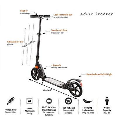 Kids,Adult Scooter with 3 Seconds Easy-Folding System, 220lb Folding Adjustable Scooter with Rear Brake and 200mm Large Wheels - Eco Trade Company