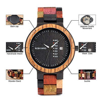 Men's Colorful Wooden Watch, Week & Date Display Quartz Watches Handmade Casual Wood Wrist Watch - Eco Trade Company