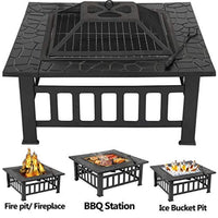 32 inch Outdoor Square Metal Firepit Backyard Patio Garden Stove Wood Burning BBQ Fire Pit with Rain Cover - Eco Trade Company