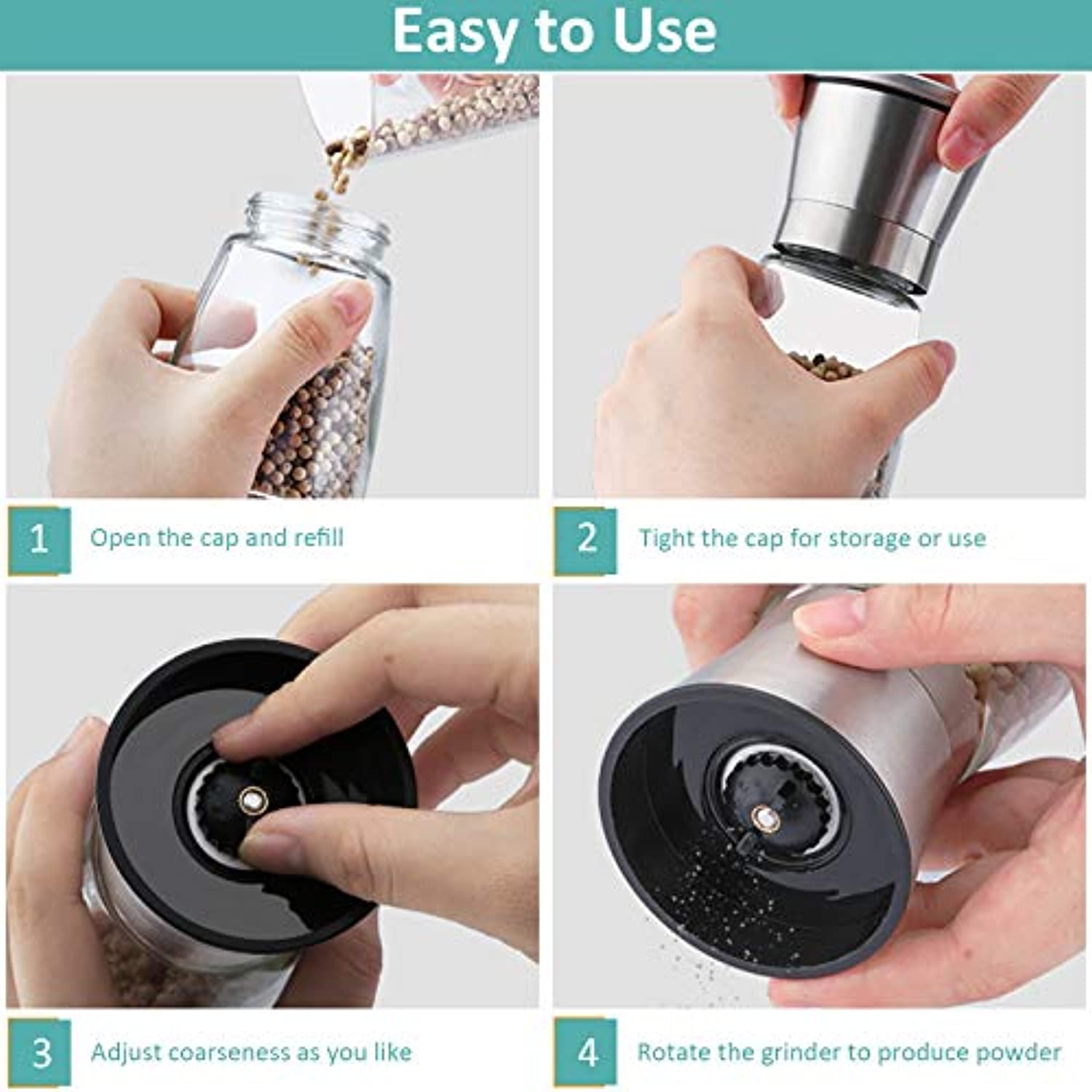 Salt and Pepper Grinder Set, Refillable with Adjustable Ceramic Grinder, Glass body Salt and Pepper Shaker with Stainless Steel Lid, Set of 2 - Eco Trade Company
