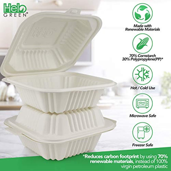 HeloGreen Eco-Friendly Cornstarch Takeout To-Go Hinged Food Containers - Microwa