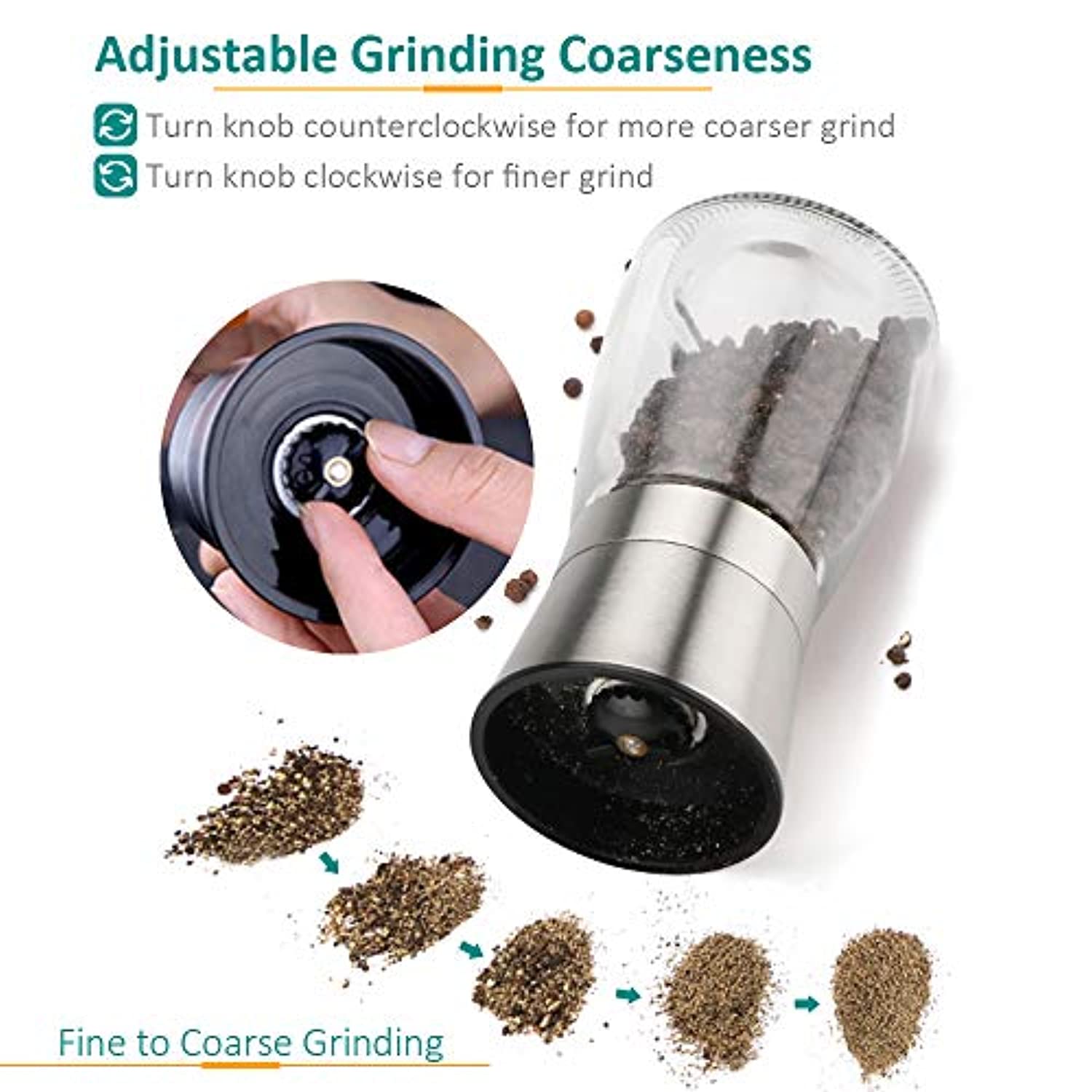 Salt and Pepper Grinder Set, Refillable with Adjustable Ceramic Grinder, Glass body Salt and Pepper Shaker with Stainless Steel Lid, Set of 2 - Eco Trade Company