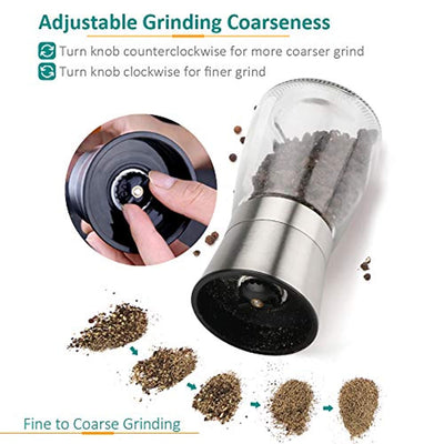 Salt and Pepper Grinder Set, Refillable with Adjustable Ceramic Grinder, Glass body Salt and Pepper Shaker with Stainless Steel Lid, Set of 2 - Eco Trade Company