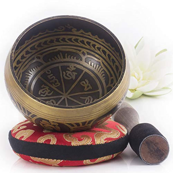 Tibetan Singing Bowl Set ~ Antique Design ~ With Dual Surface Mallet and Silk Cushion ~ Promotes Peace, Chakra Healing, and Mindfulness - Eco Trade Company