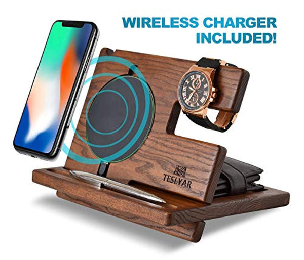 Wood Phone Docking Station Ash Key Holder Wallet Stand Watch Organizer Wireless Charging Pad Compatible with All Qi Devices - Eco Trade Company