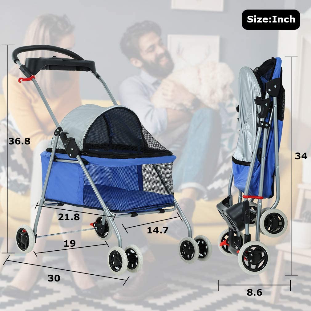 blue dog stroller Pet Stroller 4 Wheels Posh Folding Waterproof Portable Travel Cat Dog – Eco  Trade Company