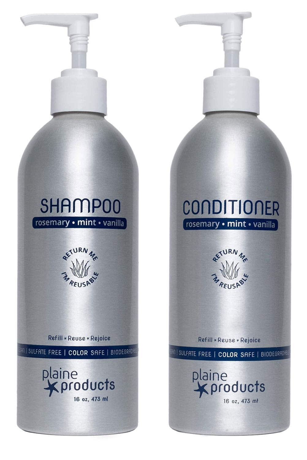 Plaine Products Refillable Vegan Shampoo + Conditioner Set 16oz