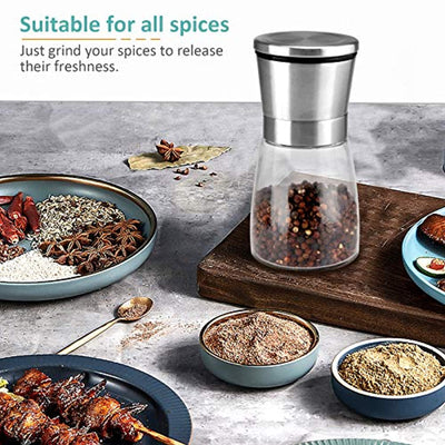 Salt and Pepper Grinder Set, Refillable with Adjustable Ceramic Grinder, Glass body Salt and Pepper Shaker with Stainless Steel Lid, Set of 2 - Eco Trade Company
