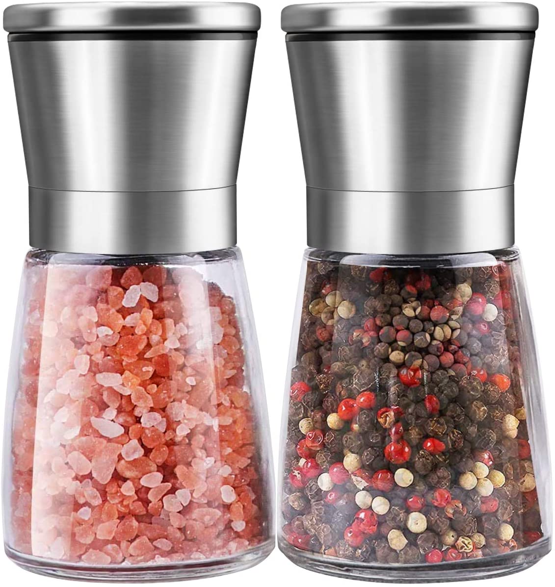 Salt and Pepper Grinder Set, Refillable with Adjustable Ceramic Grinder, Glass body Salt and Pepper Shaker with Stainless Steel Lid, Set of 2 - Eco Trade Company