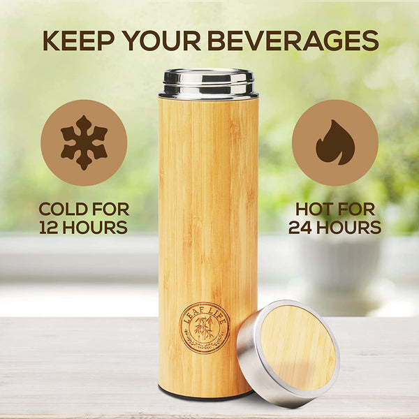 Bamboo Tumbler Vacuum Insulated Stainless Steel Thermos with Tea Infuser  and Strainer