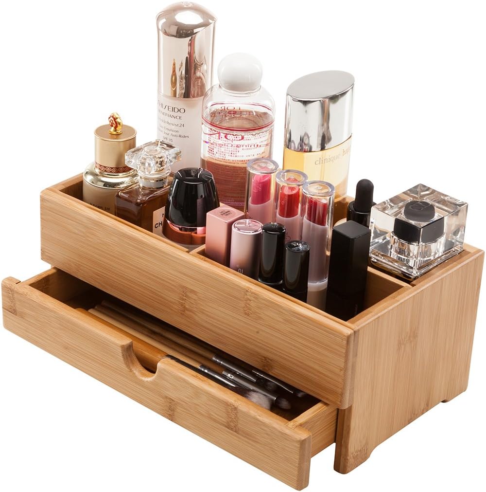Bamboo-Makeup-Cosmetic-Storage-Organizer, Multi-Function Wood Cosmetic  Large Capacity Make Up Caddy Shelf Cosmetics Organizer Box, Natural Bamboo  